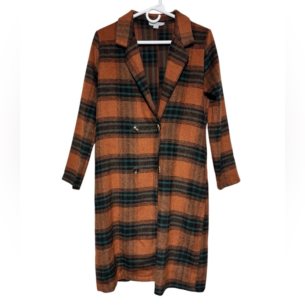 Favlux Green Orange Plaid Long Trench Coat Size Small Fall Hobbit Boho Academia